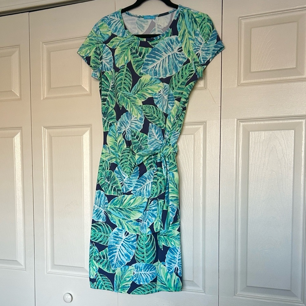 J. McLaughlin Green and Blue Leaf Midi Dress